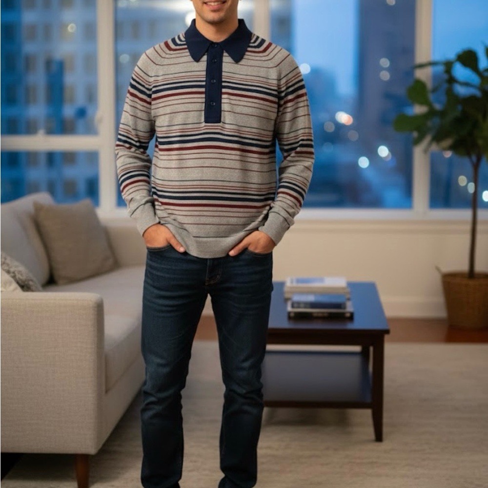 Striped Gray and Navy Polo Sweater